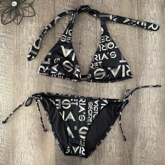 Victoria's Secret Other - Victoria’s Secret Black Silver Logo Bikini Sz Sm